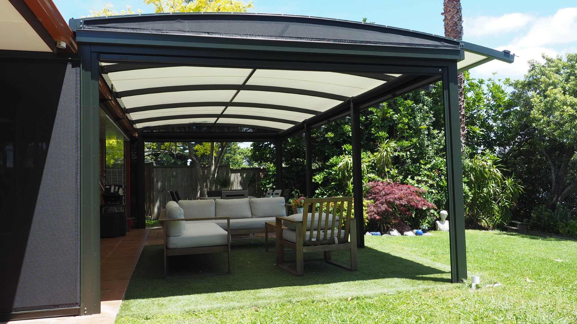 PVC is an alternative covering which looks clean and stylish for a modern curved look. Gives great shading with maximum light.Price range for average Awning size $6500-$10,000 inc gst.